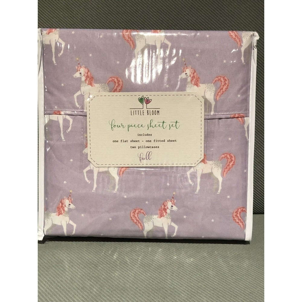 New Little  Bloom Kids Unicorn Stars Pink Purple Sheet Set - Full 4 PC Girls